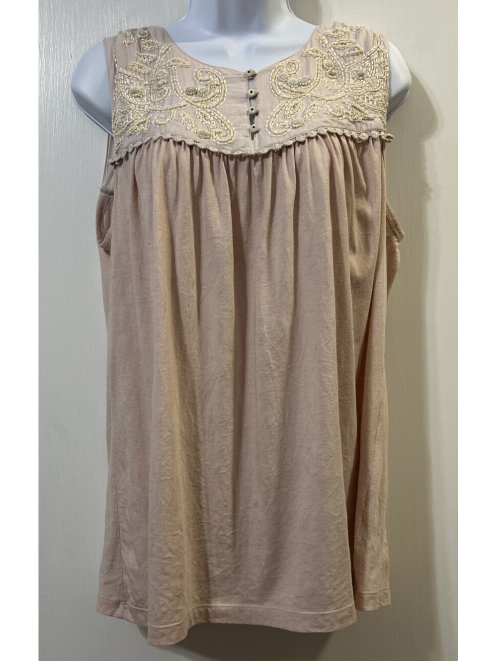 Deletta Anthropologie Pink Beaded Top Pale Pink Bib Relaxed Oversized Tunic L